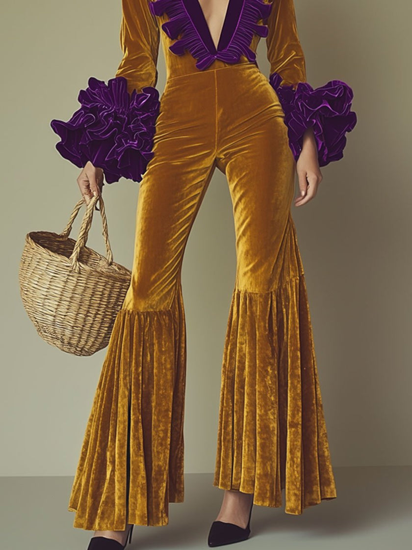 Gold velvet flared sleeve evening jumpsuit for women by FJØRNA, featuring a stylish fit and elegant flared sleeves.