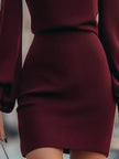 Burgundy ribbed turtleneck mini dress with balloon sleeves by FJØRNA, featuring a fitted silhouette and textured knit fabric.