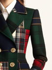 Green plaid double-breasted wool blazer for women by FJØRNA, featuring a tailored fit and classic design.