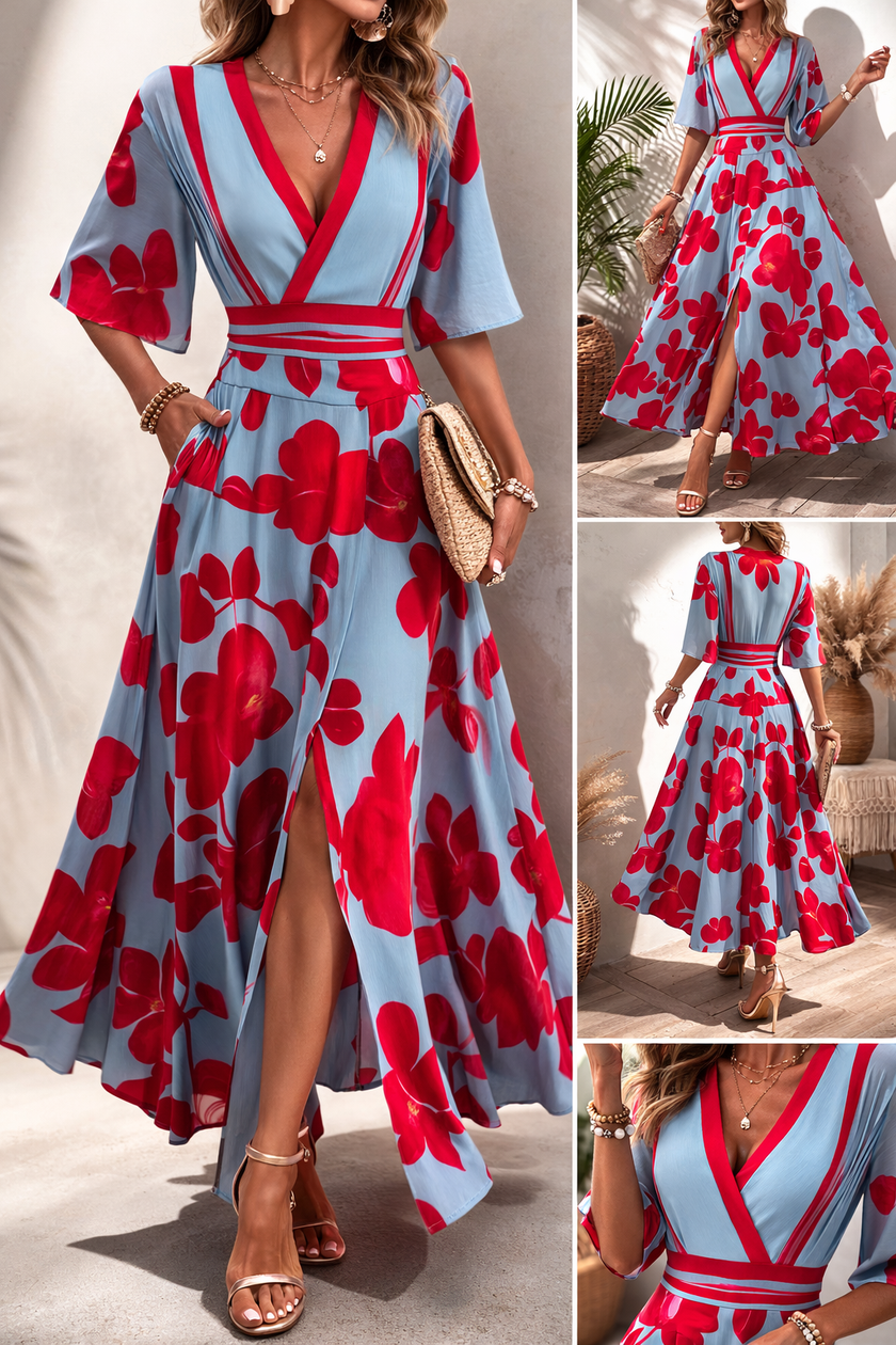 Elegant floral V-neck dress for women by FJØRNA, featuring a stylish design and flowing fabric perfect for special occasions.