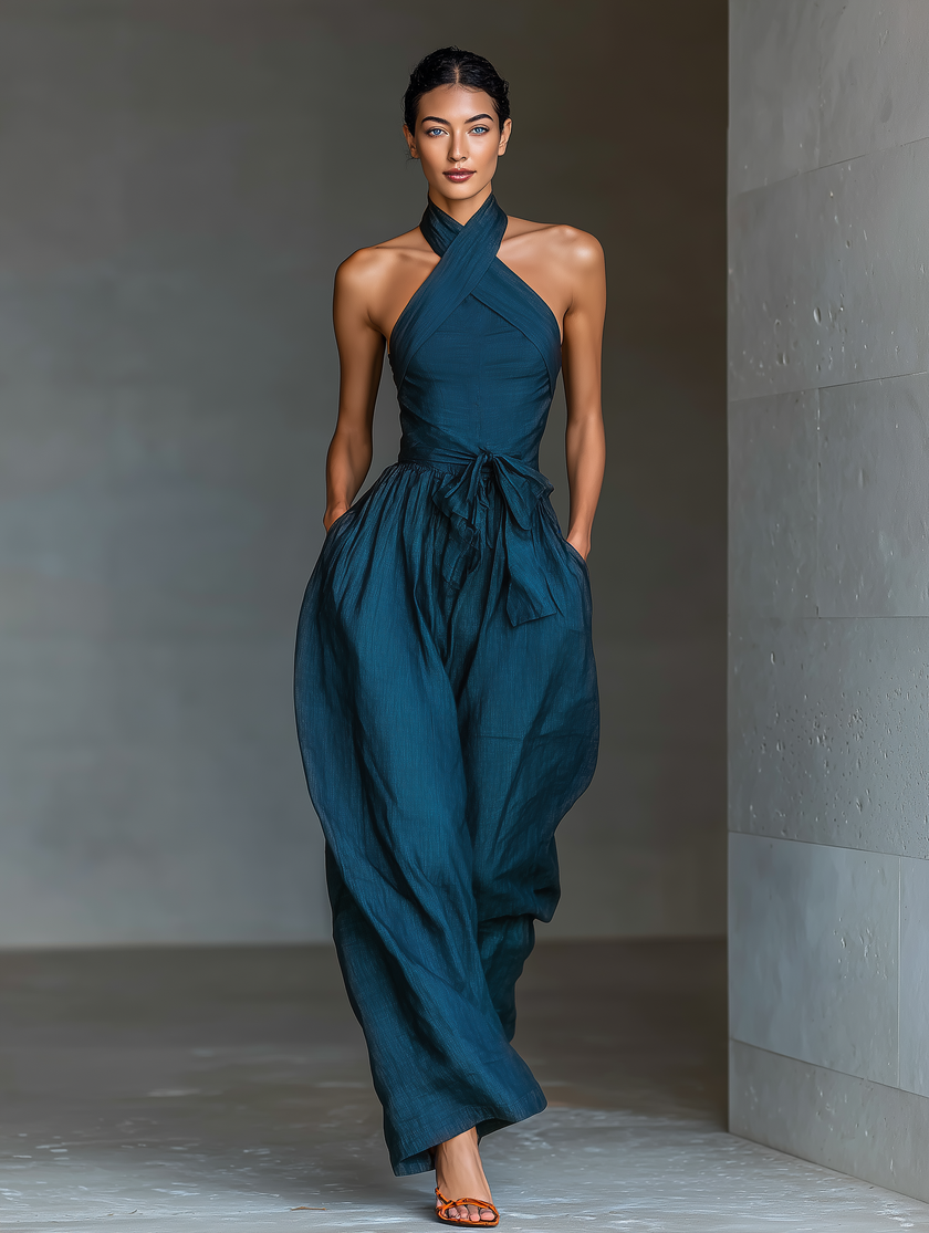 FJØRNA linen cross halter jumpsuit for women with wide-leg design, tie waist, and side pockets, perfect for casual wear.