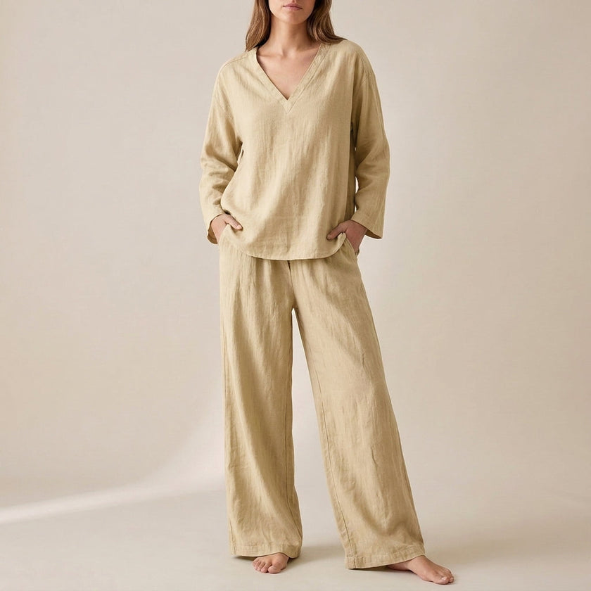 FJØRNA women's two-piece khaki co-ord set with pockets and V-neck design, stylish and comfortable for casual wear.