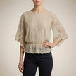 Khaki floral lace summer blouse for women by FJØRNA, lightweight top with delicate floral lace details.