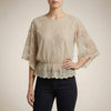 Khaki floral lace summer blouse for women by FJØRNA, lightweight top with delicate floral lace details.