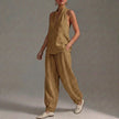 FJØRNA lightweight khaki two-piece halter V-neck suit with wide-leg trousers, stylish and comfortable for casual wear.