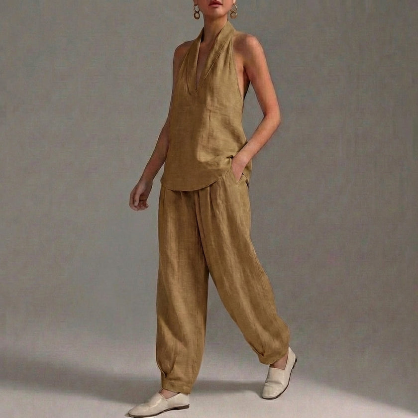 FJØRNA lightweight khaki two-piece halter V-neck suit with wide-leg trousers, stylish and comfortable for casual wear.
