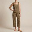 Khaki two-piece women's co-ord set by FJØRNA with button-front top and square neckline, shown on a mannequin.