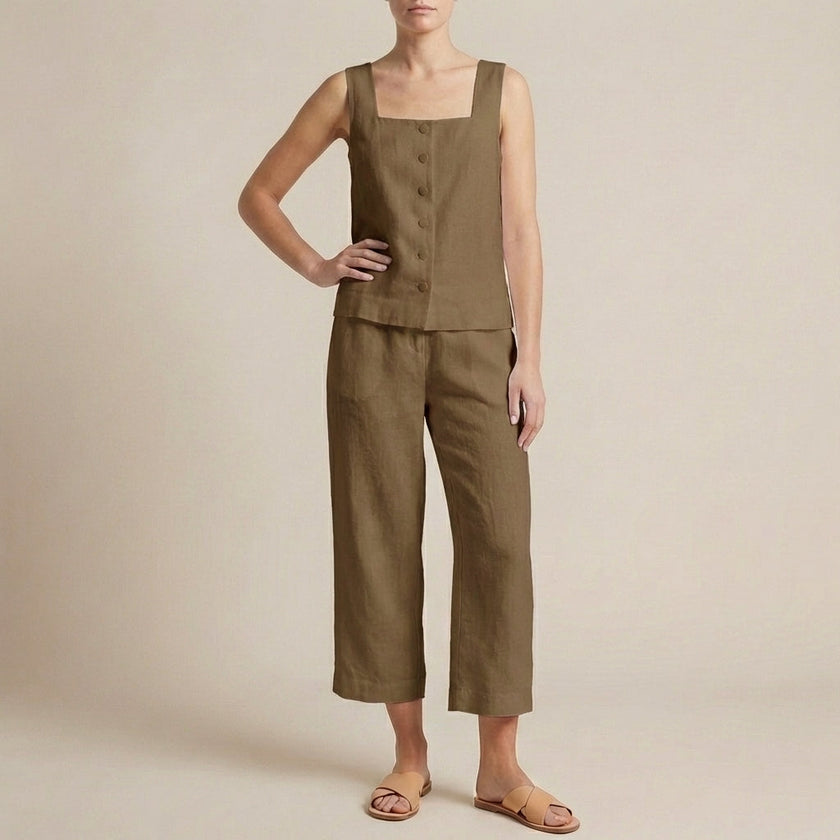 Khaki two-piece women's co-ord set by FJØRNA with button-front top and square neckline, shown on a mannequin.