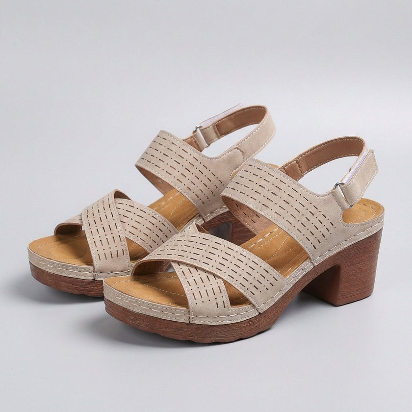 FJØRNA khaki orthopedic platform block heel sandals with open toe and cut-out design, stylish and comfortable for casual wear.