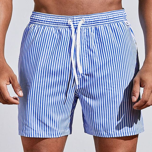 Men's casual striped boardshorts by FJØRNA with a drawstring, side slit hem, and classic blue stripe pattern.