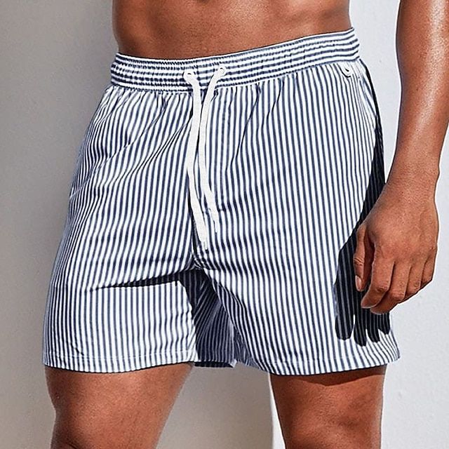 Men's gray striped FJØRNA casual boardshorts with drawstring waist and side slit hem, suitable for relaxed beach or pool days.