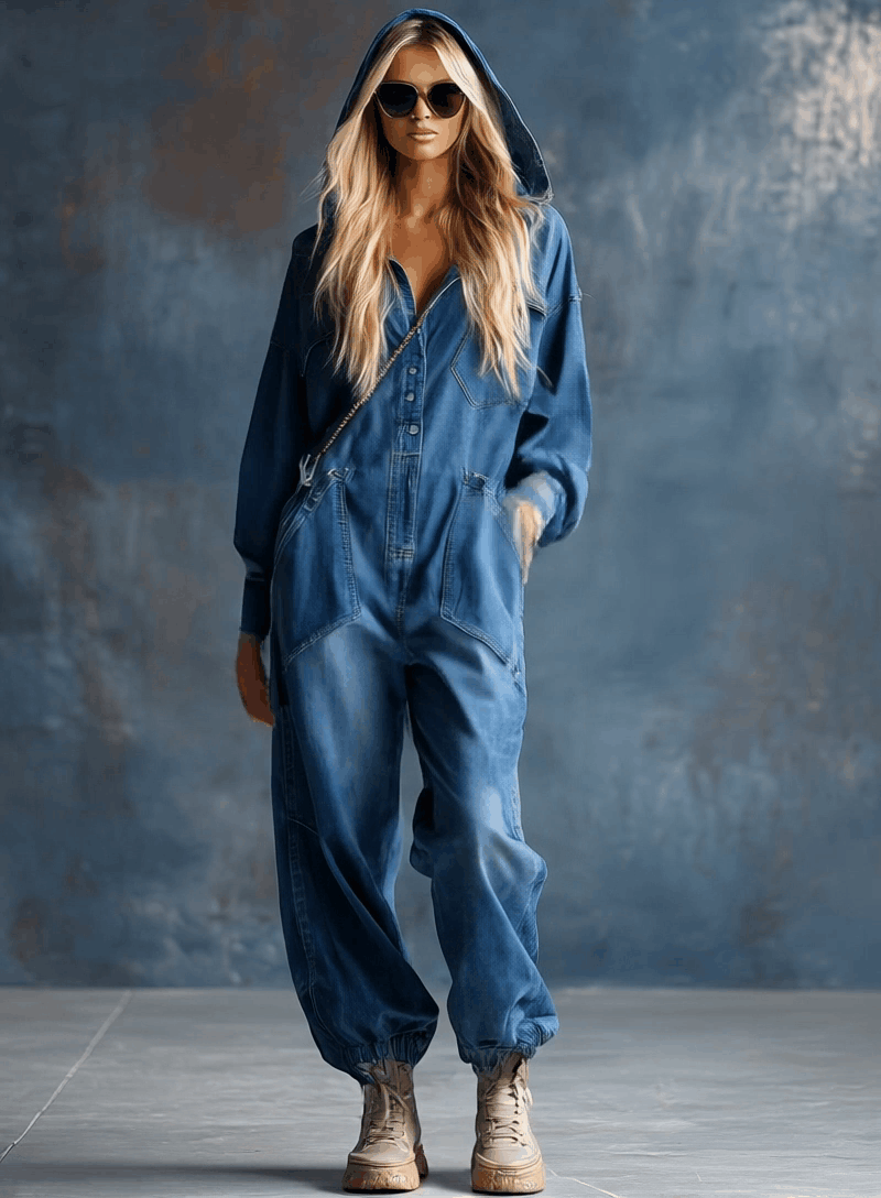 Blue denim hooded jumpsuit by FJØRNA featuring a button-front, long sleeves, and a casual, stylish design.