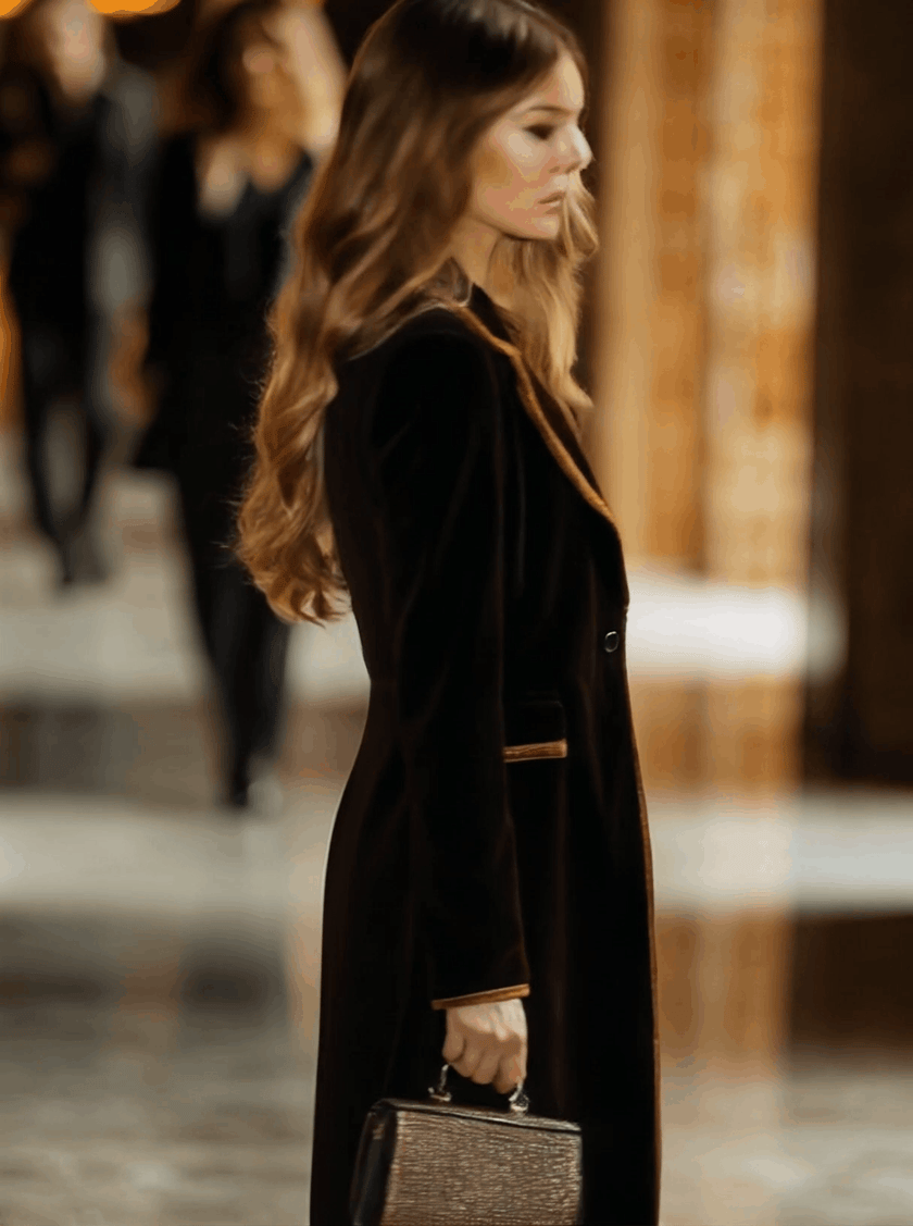 Brown velvet color-block lapel coat with pockets by FJØRNA, featuring a stylish design and textured fabric.
