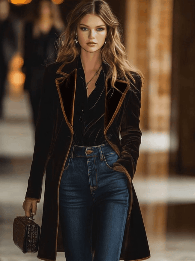 FJØRNA brown velvet colour-block lapel coat with pockets, stylish and cozy outerwear for cold weather.