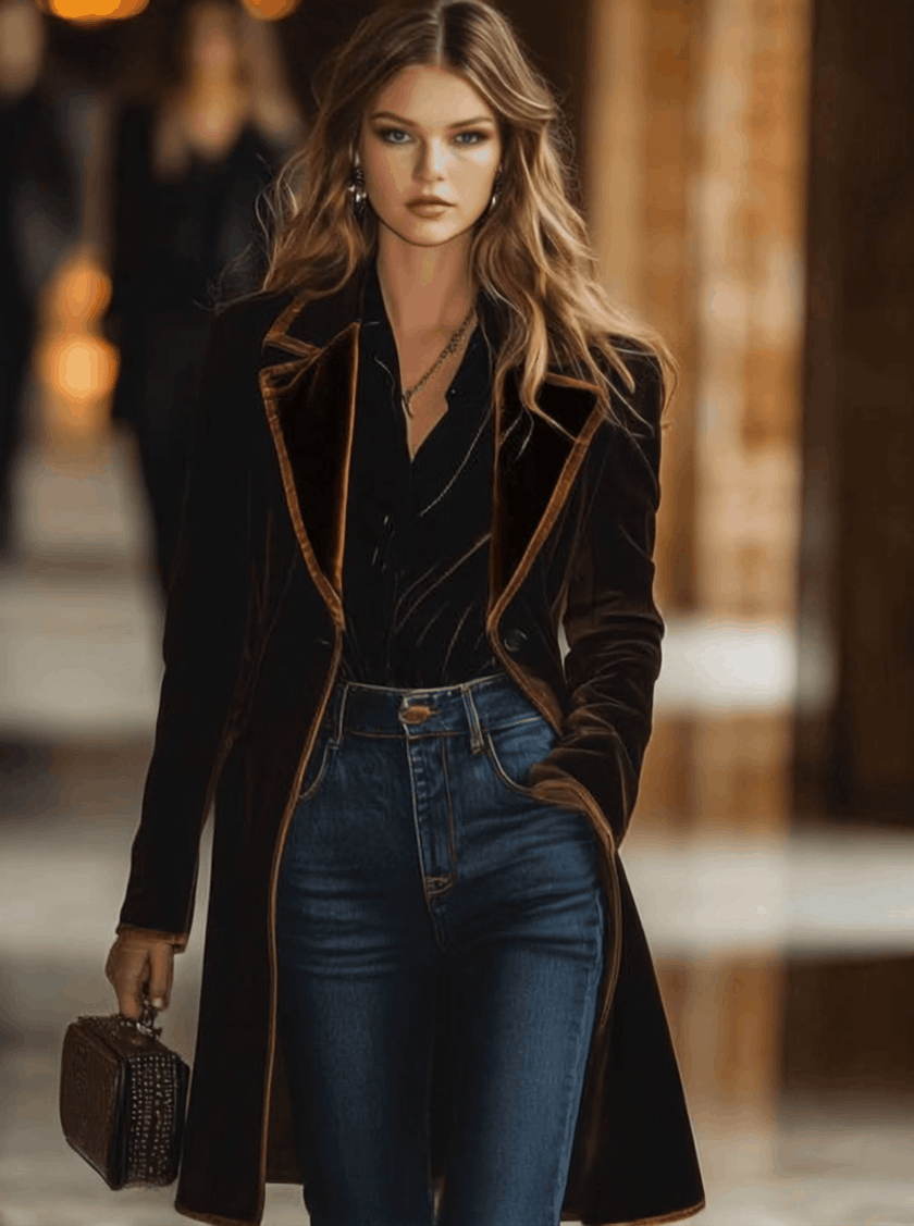 FJØRNA brown velvet colour-block lapel coat with pockets, stylish and cozy outerwear for cold weather.