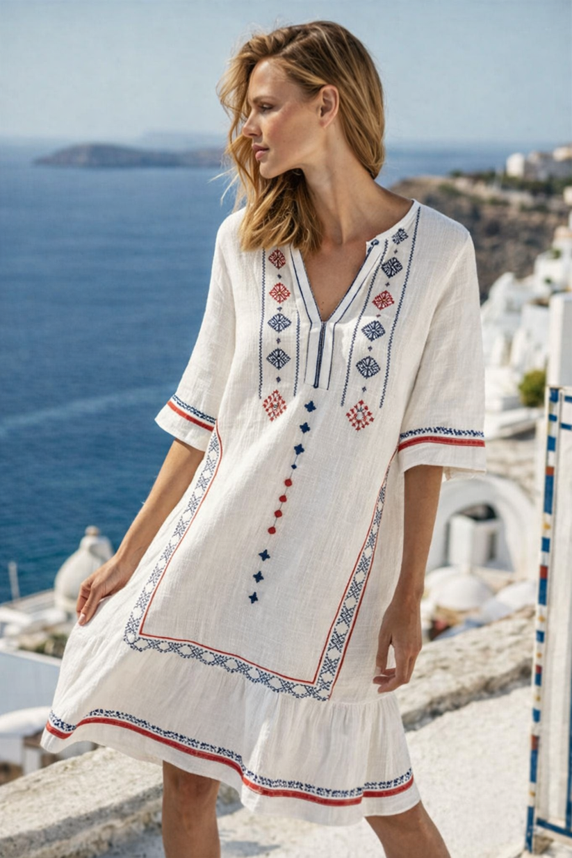 Women's loose fit summer beach dress by FJØRNA, lightweight and casual, shown in a relaxed fit on a model.