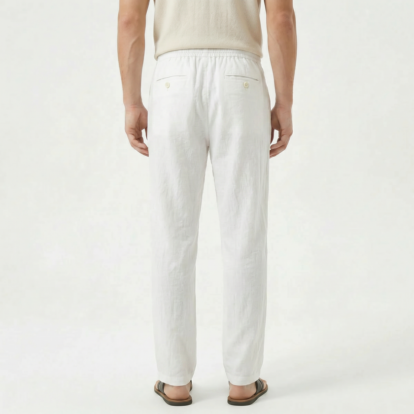 Men's linen drawstring trousers by FJØRNA, lightweight men's pants with a relaxed fit and casual style, shown in neutral color