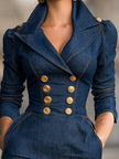 FJØRNA double-breasted structured blue denim midi dress displayed on a model, showcasing its tailored fit and classic design.