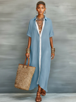 FJØRNA women's linen maxi dress hanging on a hanger, lightweight and flowy, perfect for warm weather and casual summer wear.