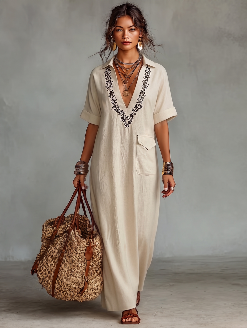 Red Linen Embroidered Maxi Dress For Women