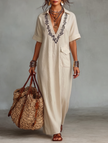 Red Linen Embroidered Maxi Dress For Women