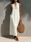 FJØRNA sleeveless maxi dress for women, flowing fabric, elegant design, full-length dress with a fitted bodice and lightweight style