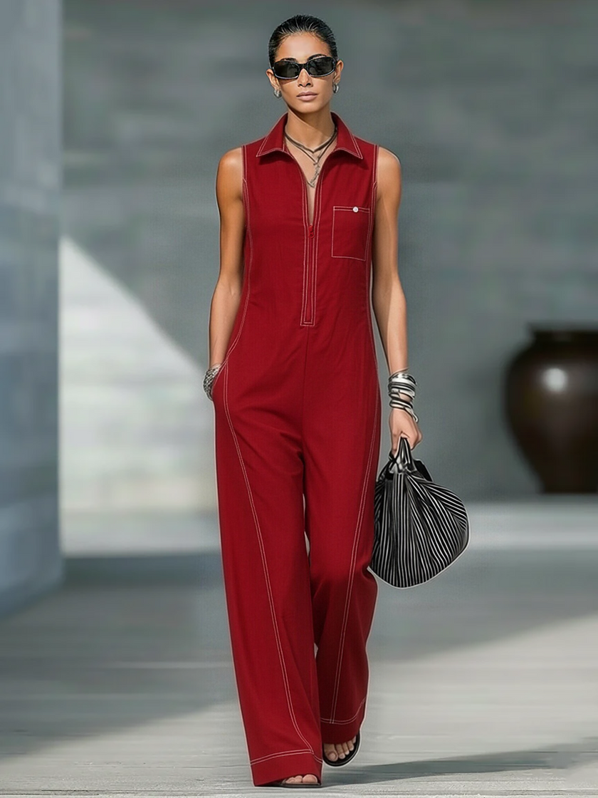 FJØRNA women's loose-fit sleeveless jumpsuit with contrast trim and wide-leg pants, styled for a relaxed, modern look.