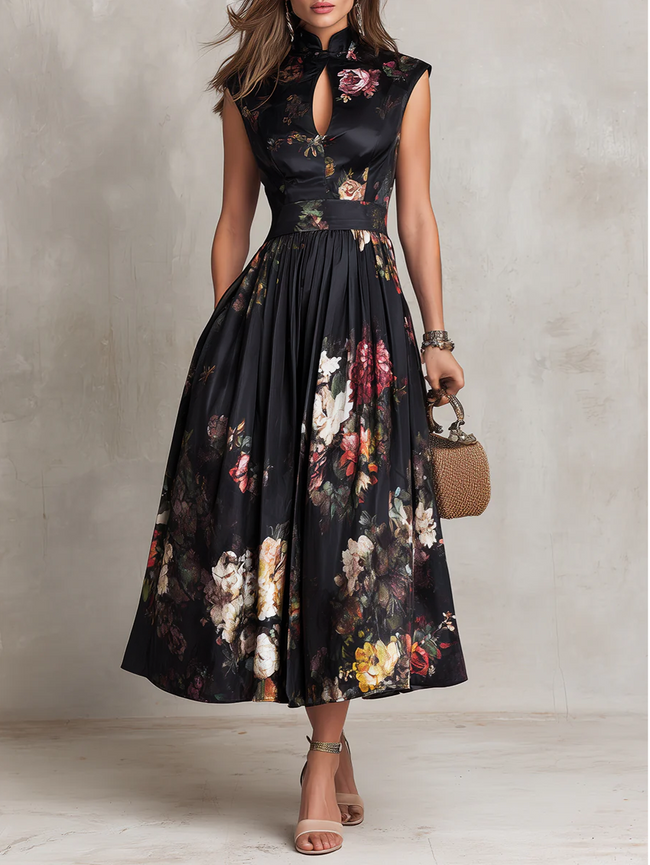 FJØRNA elegant satin midi dress with keyhole collar and pleated design, showcasing a sophisticated women's dress style.