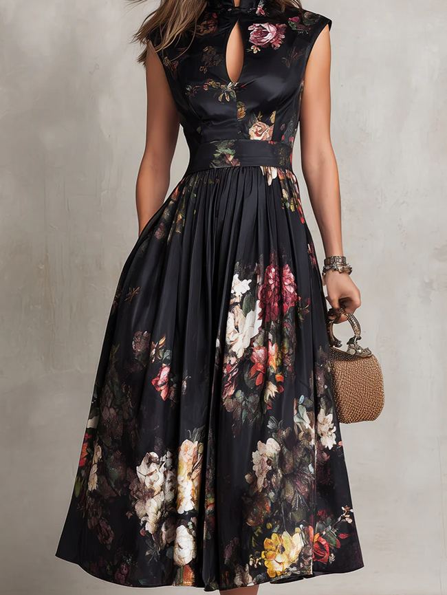 FJØRNA women's midi dress with keyhole collar, pleated satin fabric, elegant design, black color, front view.