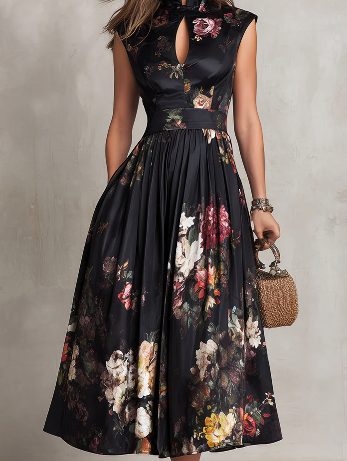 FJØRNA women's midi dress with keyhole collar, pleated satin fabric, elegant design, black color, front view.