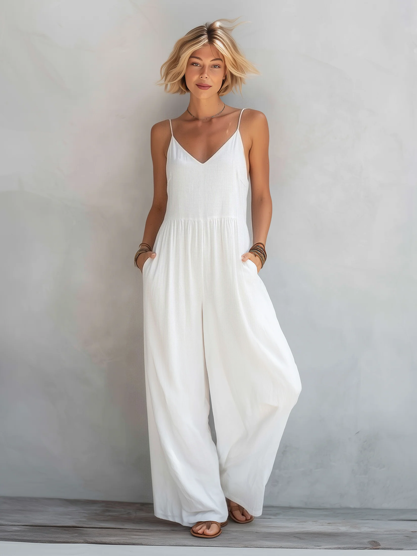 FJØRNA women's cotton-linen sleeveless jumpsuit with square neck and wide-leg pants, loose-fit, casual summer style.
