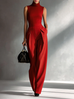 FJØRNA women’s cotton-linen sleeveless turtleneck jumpsuit with fitted waist and wide-leg pants, stylish and comfortable.