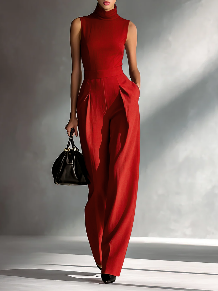 FJØRNA women’s cotton-linen sleeveless turtleneck jumpsuit with fitted waist and wide-leg pants, stylish and comfortable.
