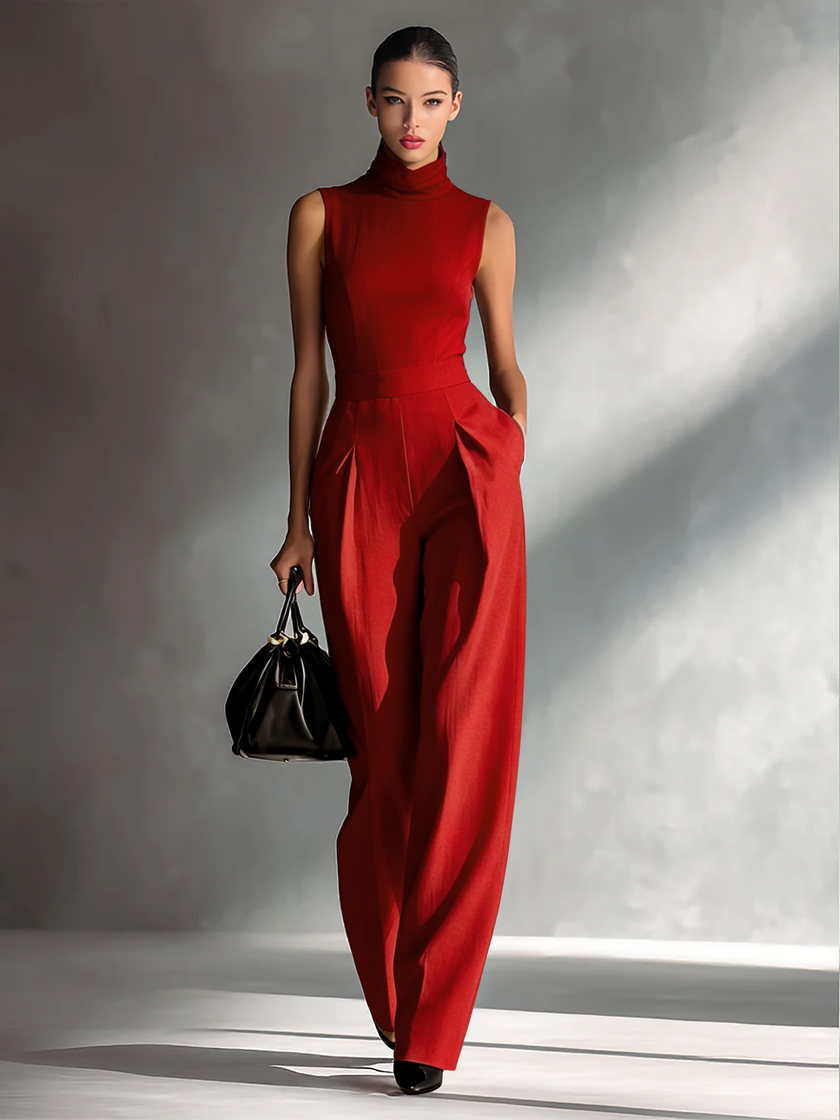 FJØRNA women's sleeveless cotton-linen turtleneck jumpsuit with fitted waist and wide-leg pants, shown in beige fabric.