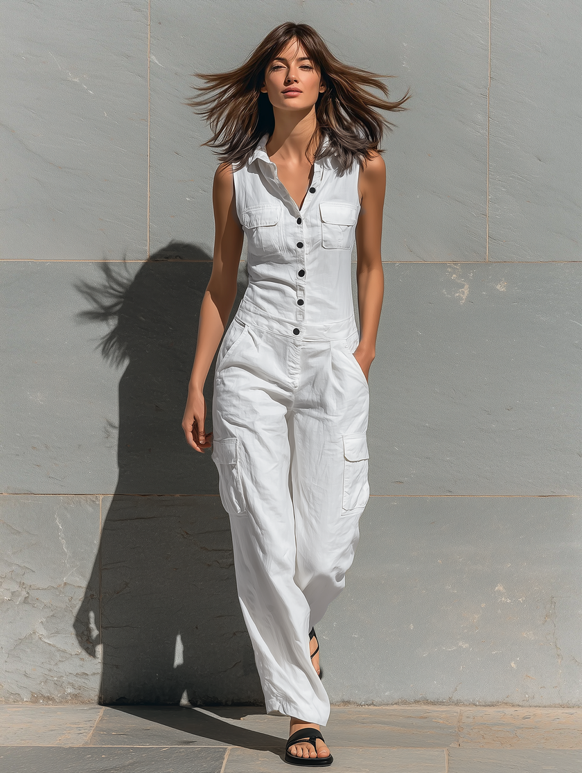 FJØRNA women's cotton blend sleeveless jumpsuit with V-neck, tailored fit, single-breasted design, shown in natural fabric texture.