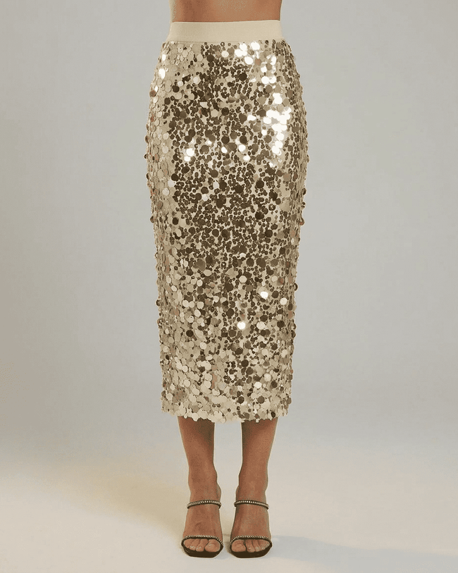 FJØRNA sequin high-waist bodycon midi skirt for women, elegant pencil skirt suitable for evening or formal events.