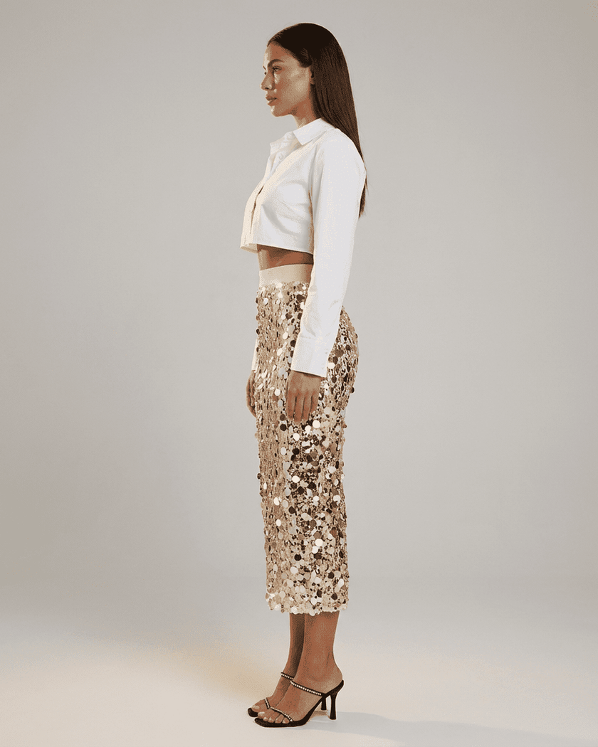 FJØRNA sequin bodycon midi skirt for women, high-waist design, elegant evening fashion with shimmering sequins.