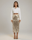 FJØRNA sequin bodycon midi skirt for women, high waist design with elegant, sparkling sequins perfect for formal occasions.