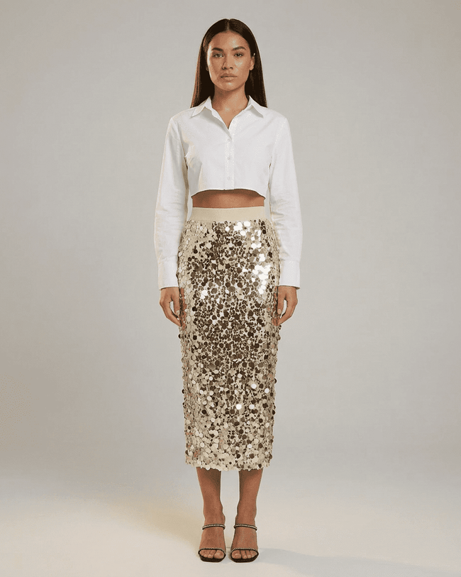 FJØRNA sequin high-waist midi bodycon skirt for women, elegant pencil midi skirt with shimmering sequins and a fitted silhouette.