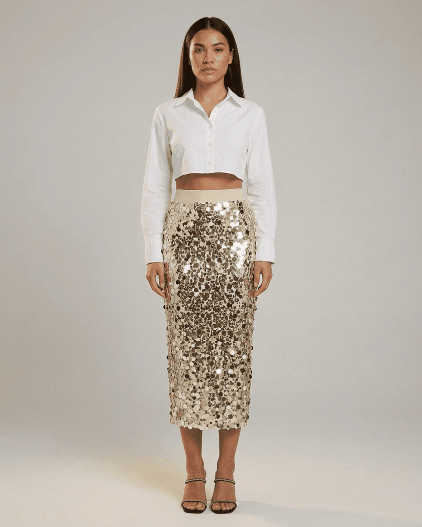 FJØRNA sequin bodycon midi skirt for women, high waist design with elegant, sparkling sequins perfect for formal occasions.