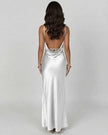FJØRNA satin maxi dress for women with high slit, celadon color, luxe satin finish, elegant design, and asymmetrical slit.