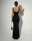Black satin maxi dress for women by FJØRNA featuring a sleek camisole style and slim fit design.