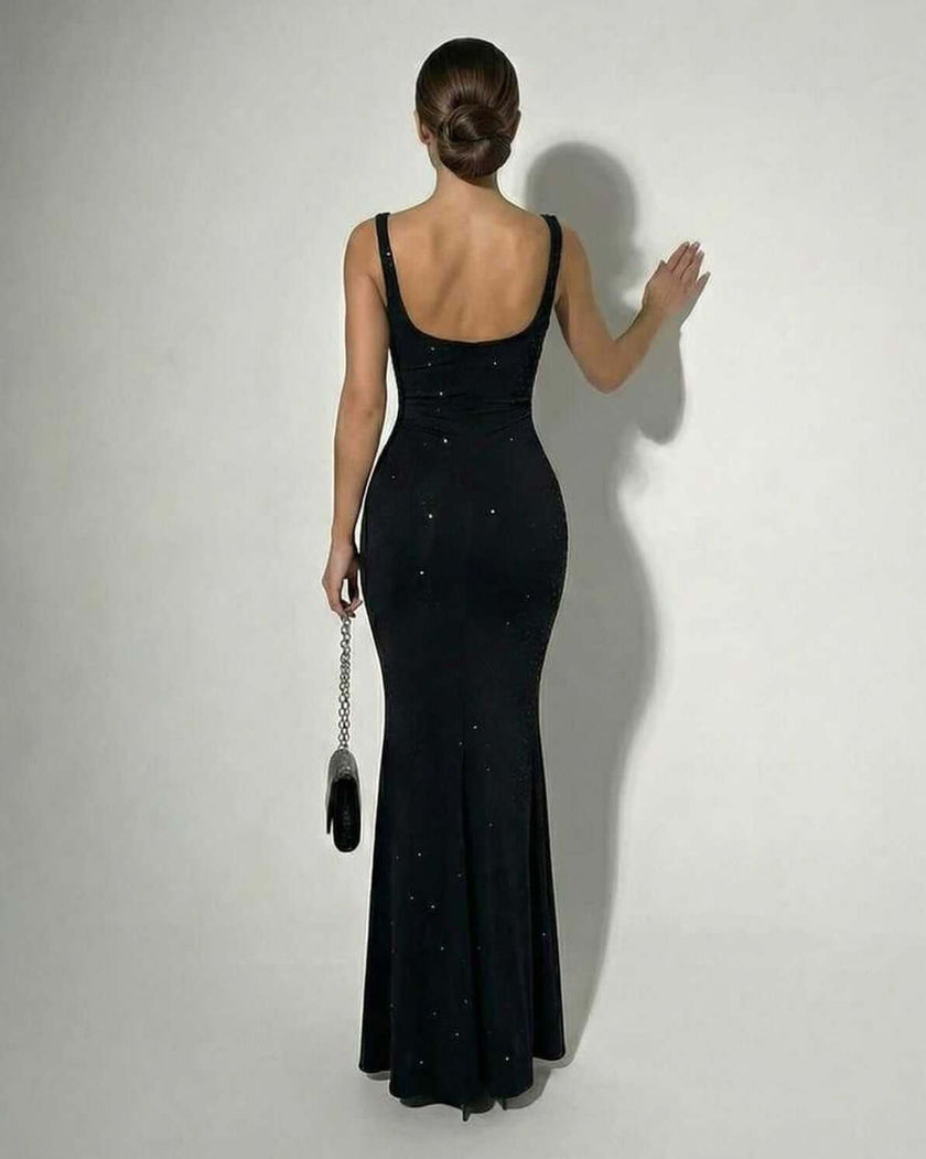 Black satin maxi dress for women by FJØRNA featuring a sleek camisole style and slim fit design.