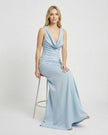 Blue satin maxi dress for women by FJØRNA, sleeveless bodycon with a cowl neck, elegant and smooth fabric.