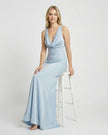 Blue satin maxi dress for women by FJØRNA with a cowl neck, sleeveless bodycon design, perfect for elegant occasions.