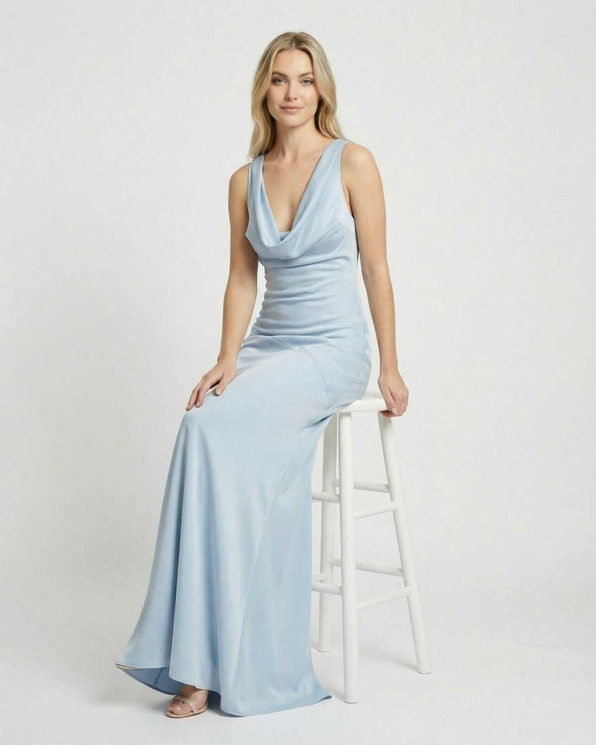 Blue satin maxi dress for women by FJØRNA with a cowl neck, sleeveless bodycon design, perfect for elegant occasions.