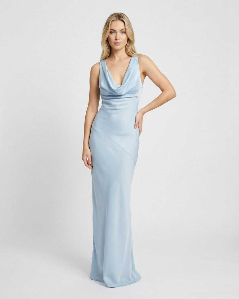 FJØRNA satin maxi dress for women with cowl neck, sleeveless bodycon design, elegant long dress for formal occasions