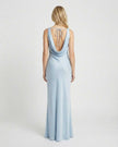 Light blue satin maxi dress by FJØRNA featuring a cowl neck and sleeveless design, shown from the back.