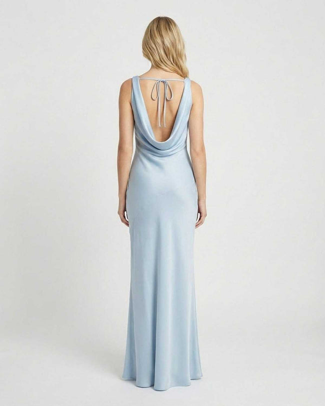 Light blue satin maxi dress by FJØRNA featuring a cowl neck and sleeveless design, shown from the back.