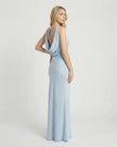 Light blue satin maxi dress by FJØRNA with a cowl neck, sleeveless, bodycon fit, perfect for elegant occasions.